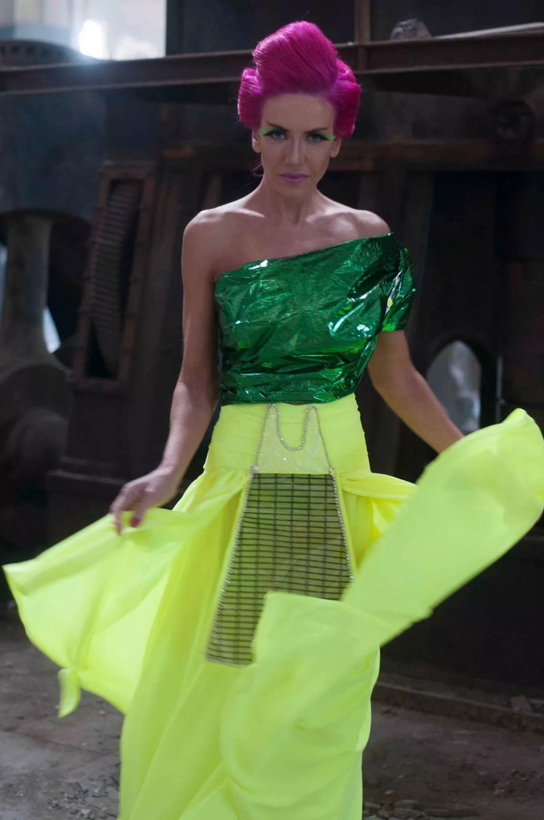 Metallic green top with a neon yellow skirt