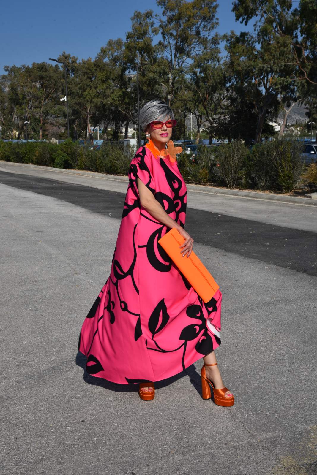 Pink and black printed kaftan with orange platforms