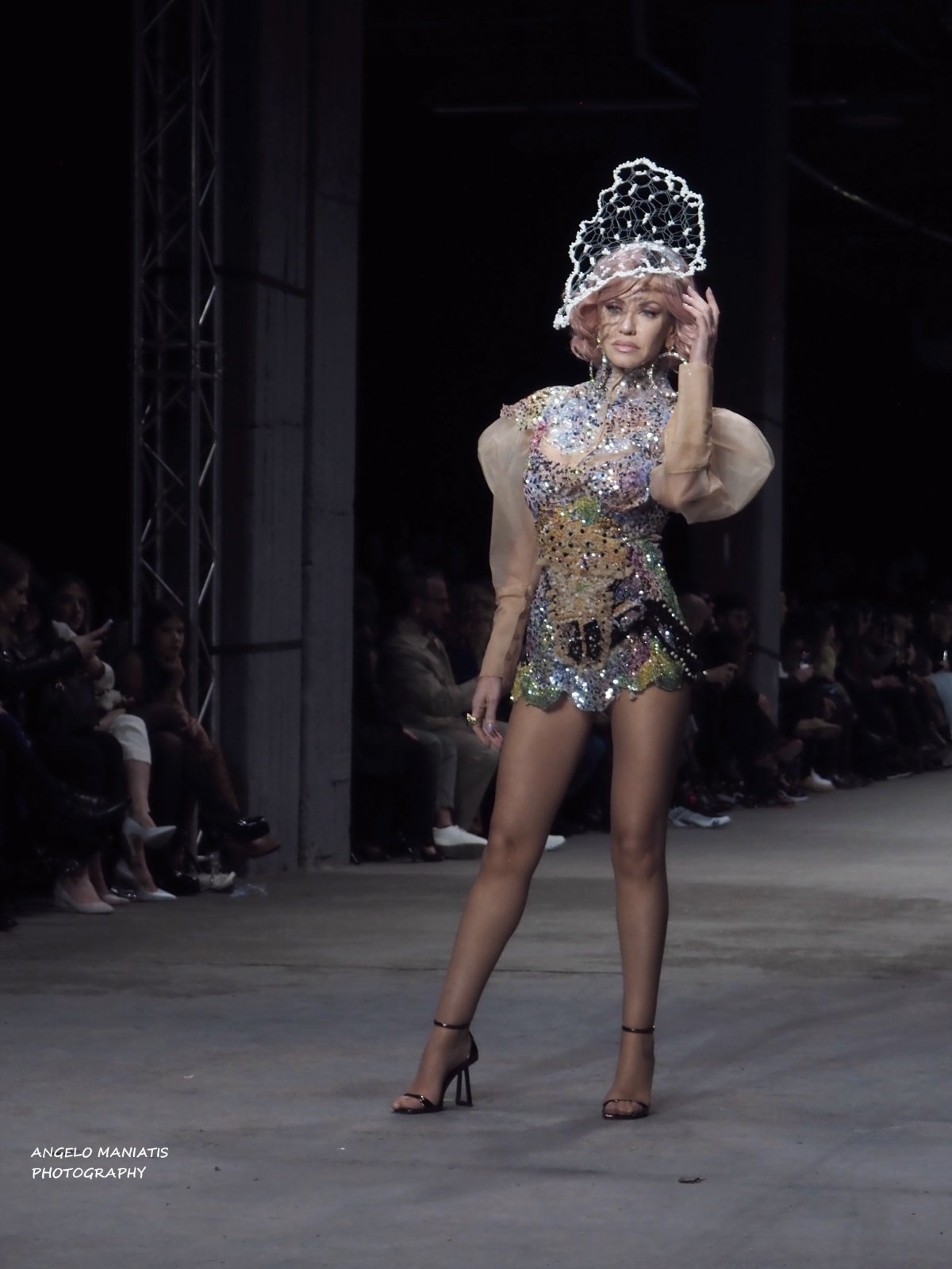 Crystal runway costume with a pearl headpiece