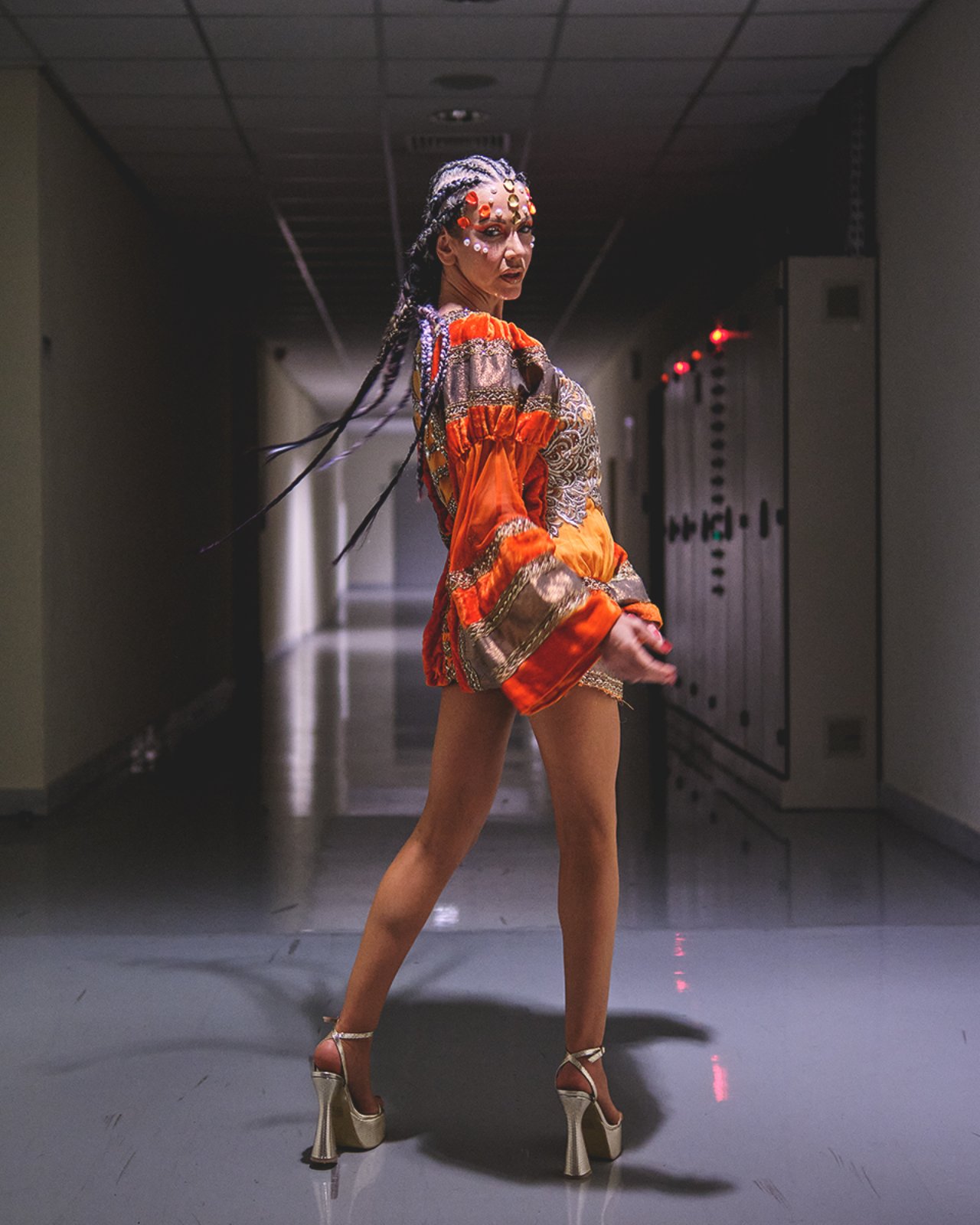 Orange velvet embellished mini backstage