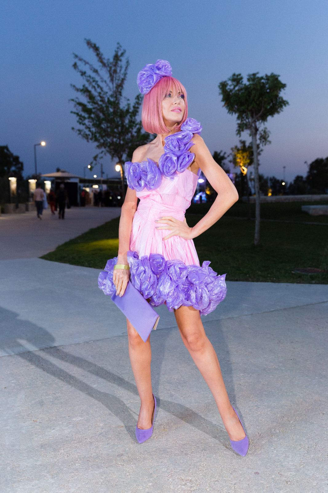 Full-length view of the recycled plastic rose gown