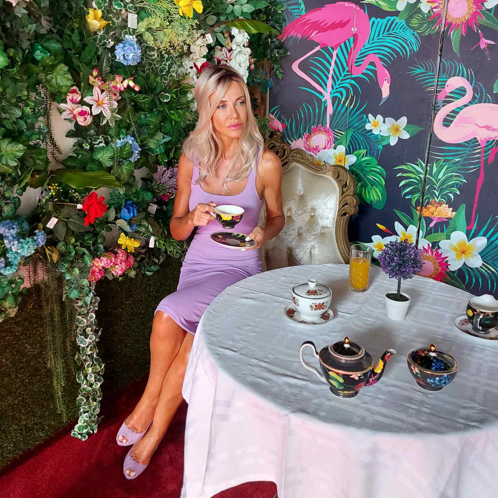 Lilac dress at a flamingo tea-party set